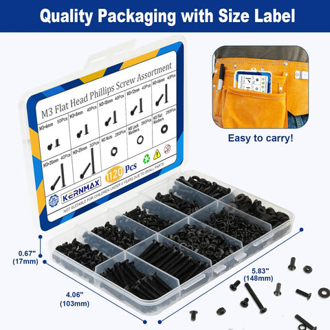 All In One 1120 Piece M3 Countersunk Screw Kit With Flat Head Phillips Screws Zinc Plated 6mm To 25mm For 3D Printers Electronics Machinery And DIY Projects Includes Nuts And Washers in organized case.