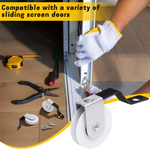 Spring Tension Screen Door Rollers 8 Pcs Replacement Kit being installed on sliding door, showing tools, 1 inch wheels, easy install.