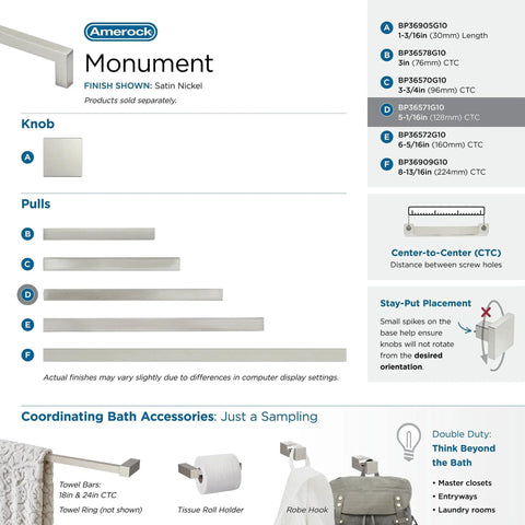 Monument Satin Nickel Cabinet Pull 128 mm center to center, modern drawer handle ideal for kitchen cabinets, bathroom vanities, and furniture.