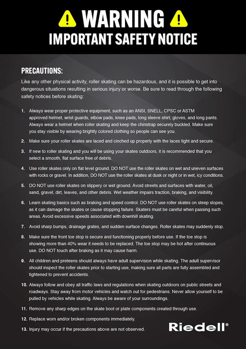 Safety warning notice poster with bold WARNING text, precautions list, and Riedell logo on dark background.