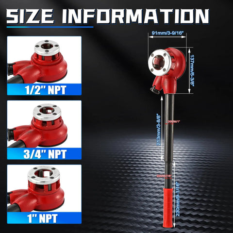 Ratcheting Pipe Threader Kit Pro Grade With 3 NPT Dies One Half Inch Three Quarters Inch One Inch sizes and dimensions shown