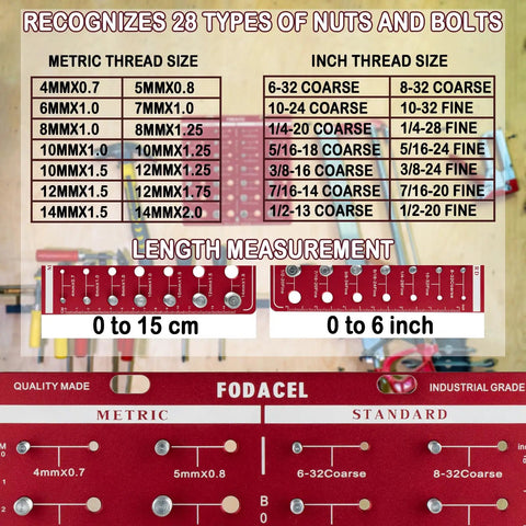 28 Thread Checker Tool For Nuts And Bolts Screw Identifier With 14 Metric And 14 Standard Sizes Rugged Square Design For Mechanics And DIY Projects Red with thread size measurements.