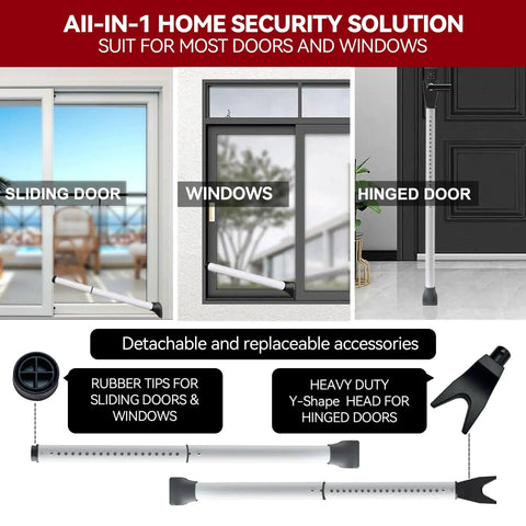 Heavy Duty Door Security Bar Adjustable Jammer For Home Sliding Patio White shown in use for sliding, hinged doors, and windows.