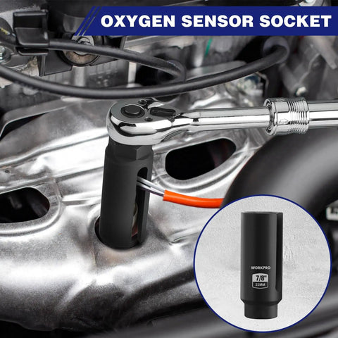 6 Piece O2 Oxygen Sensor Socket Set With 3/8 And 1/2 Inch Drive in use with 7/8 Inch (22mm) socket on engine component