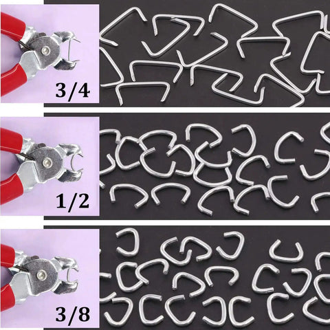 360 Piece Galvanized Hog Ring Kit With Angled Pliers For Upholstery Includes Three Quarter Inch, One Half Inch, And Three Eighths Inch Rings Pro DIY Installation Kit For Bungee Cords And Cushions, showing different ring sizes with pliers.