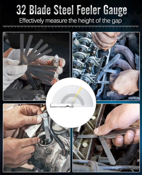 32 Blade Steel Feeler Gauge measuring height gaps and engine settings with precision tools in automotive repair context.