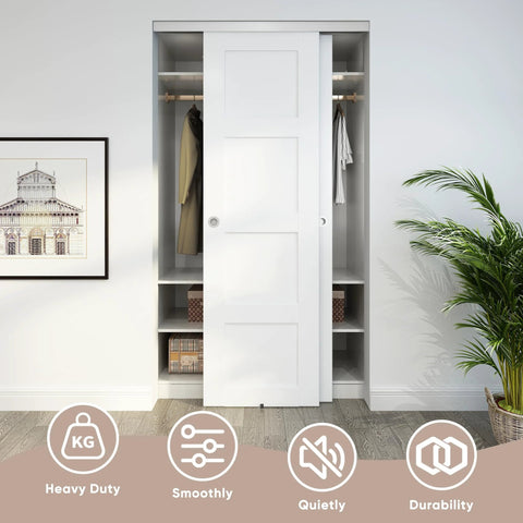Heavy Duty 48 Inch Aluminum Bypass Sliding Closet Door Hardware Kit With Finger Pull For Two Door System installed in closet