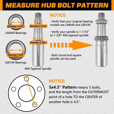 Two Pack Heavy Duty Trailer Hub Kit for 3500 Lb Trailers 5 Lug 4.5 Inch Bolt Pattern Fits Tapered EZ Lube Spindle diagram