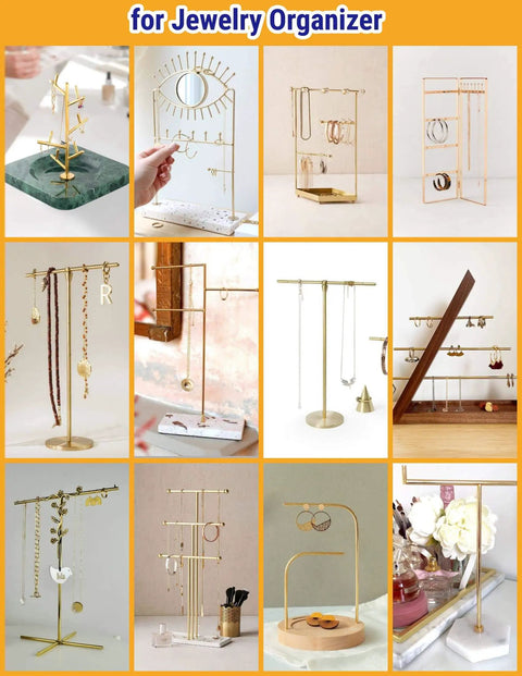 Collage of various jewelry organizers including stands for necklaces, bracelets, and rings on different backgrounds.