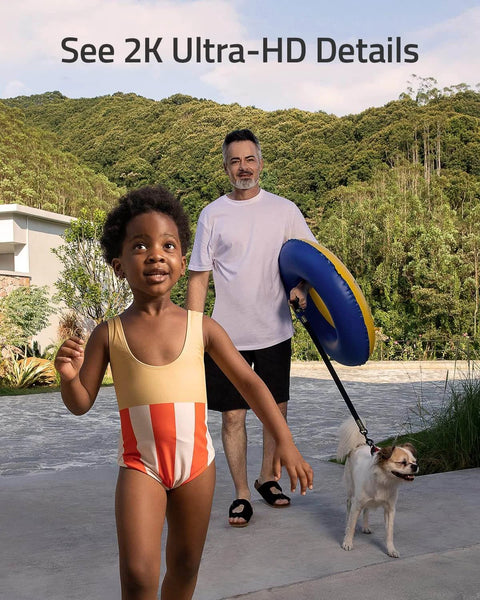 Father with child and dog in a yard, demonstrating 2K HD Video Doorbell Add-On With Battery-Powered Dual Motion Detection Package Alerts Family Recognition No Monthly Fee Motion Alerts Homebase Not Included