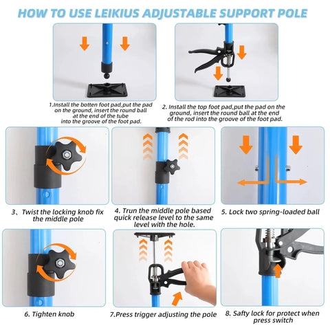 Step-by-step guide showing installation of 2 Pack Adjustable Steel Cabinet Jacks With Telescopic 3rd Hand Pole 132 lb Load