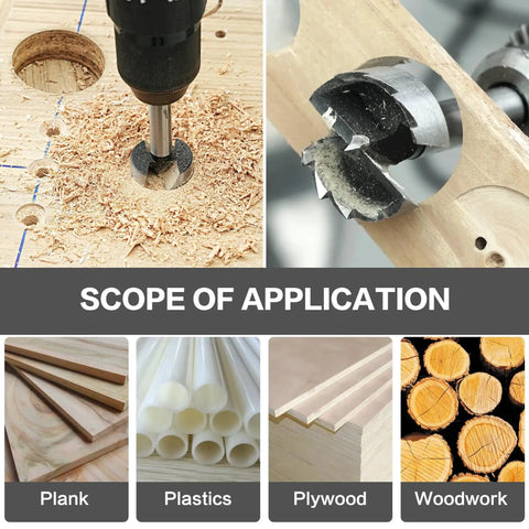 Pro Grade Forstner Bit Set 8pc for woodworking and DIY, shown cutting wood and suitable for planks, plastics, plywood, and woodwork.