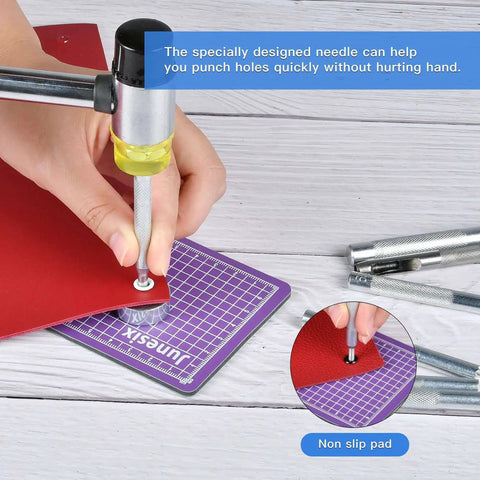 Person using 14-Piece Rivet Setter Kit For Leather Work Pro-Grade Stainless Steel Snap Rivet Tools on red leather with non-slip base.