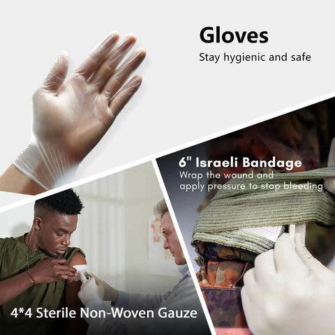 Disposable gloves, 6 inch Israeli bandage in use, and 4x4 sterile non-woven gauze from Compact Emergency Trauma Refill Kit IFAK Style.
