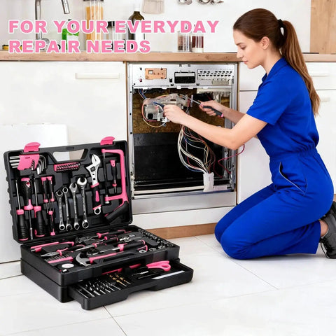 Person using All In One 412 Piece Home And Auto Tool Set With Drawer Organizer And Case For Women And Men Great For Home Repairs DIY Projects.