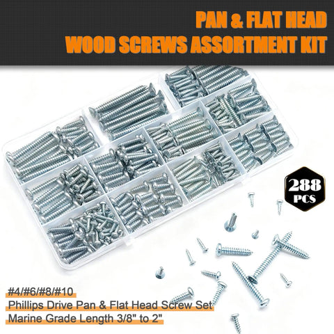 288 Piece Wood And Sheet Metal Screws Kit With Phillips Drive Pan And Flat Head Assortment Marine Grade Carbon Steel in storage box