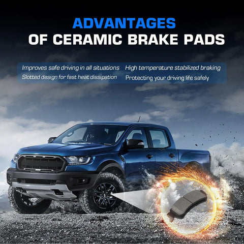 ILONPA rear ceramic brake pads with hardware, 4-piece set, side view of Silverado/Sierra pickup.