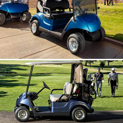 Two modern blue golf carts; one parked on pavement and one with golf bags on a course with golfers in the background.