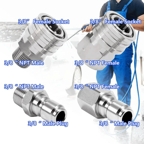 Heavy Duty Stainless Steel Quick Connect Pressure Washer Fittings Kit For Three Eighth Inch Hoses Easy Install 8 Piece Pro Grade Adapter Set With Male And Female NPT Threads Ridge Washer showing parts displayed with labels