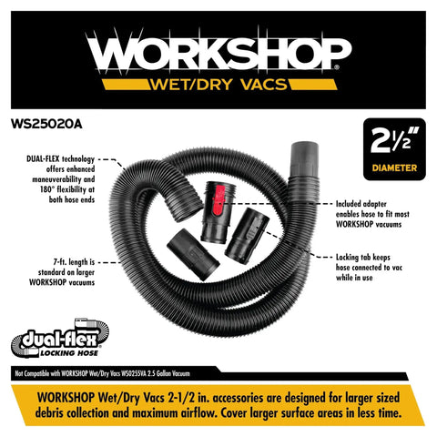 Dual Flex 2.5 Inch By 7 Foot Locking Shop Vac Hose Replacement for Wet Dry Vacuums with attachments and flexible design