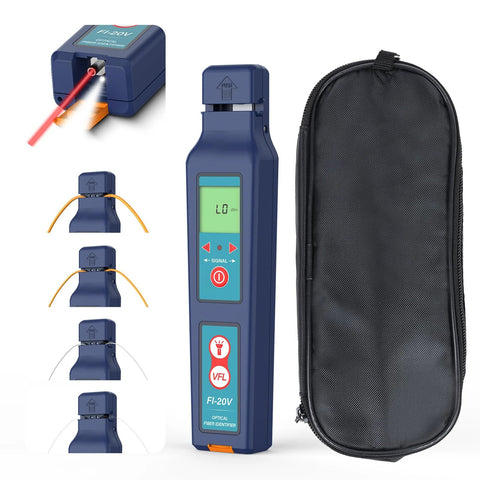 Optical fiber traffic live identifier by Amazon, blue handheld VFL tester with LCD, includes case and yellow cables.