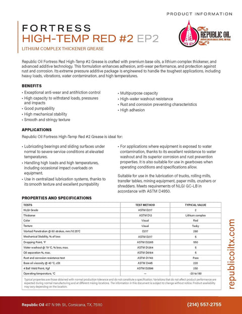 Product information sheet for Red High Temp No. 2 Lithium Complex Heavy Duty Grease For Multi Purpose Use In Chassis And Wheel Bearings.