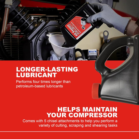 Ingersoll Rand OEM All Season Select Synthetic Lubricant bottle being poured into an engine; 5L container.