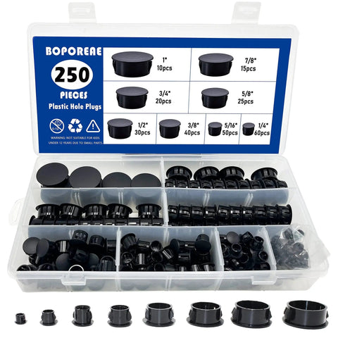 250 Piece Nylon Hole Plugs Set In 8 Sizes 1/4 To 1 Inch Black Flush Panel Knockout Locking Plugs for Furniture Cabinets