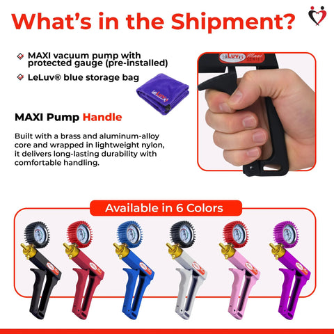 LeLuv Maxi Vacuum Pump, manual hand pump with ergonomic nylon handle and gauge; six color variants shown
