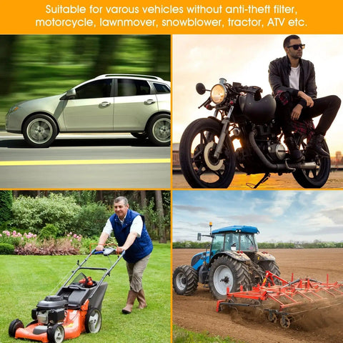 Various vehicles including a car, motorcycle, lawnmower, and tractor, suitable for using High Flow Hand Fuel Siphon Pump For Gasoline Oil Diesel With 2 Premium PVC Hoses.