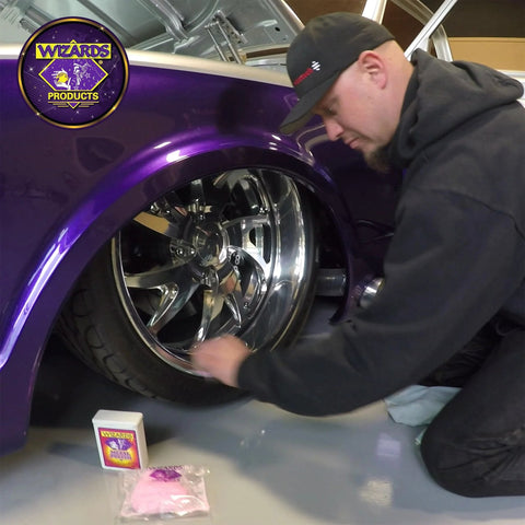 Man polishing car wheel using All Metal Polish For Silver Brass Stainless Aluminum Car Care With Slick High Gloss Finish And Instant Shine Oxidation Removal Safe On Most Metals Not Chrome Or Gold Plated Wheels 3oz