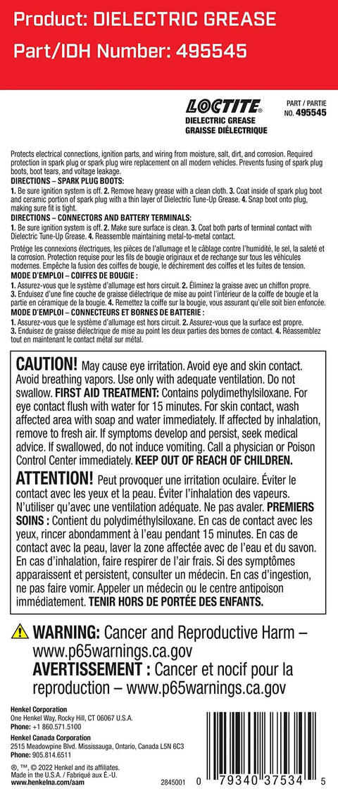 Back label of Durable Dielectric Grease For Automotive Electrical Connections With Moisture Proof Barrier Prevents Voltage Leakage And Supports High Energy Ignition Systems Salt Dirt And Corrosion Resistant 0.33 Oz Tube Loctite showing cautions and IDH number 495545.