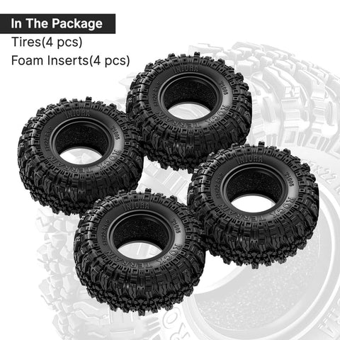 Four Grippy Soft Rubber Rock Crawler Tires 1.0 Beadlock Fit For 1/18 And 1/24 RC Cars, 56x22mm, S5 Compound with foam inserts, on white background