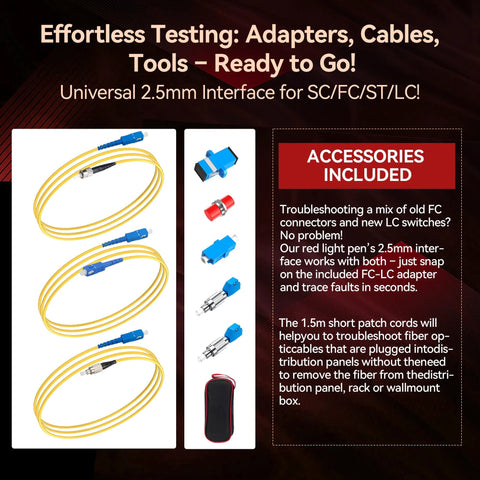 RAINLEOTI Visual Fault Locator Kit with yellow 1.5m patch cords and blue FC-LC adapters with red connectors and case