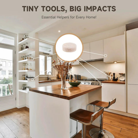 Modern kitchen with 100 Piece Felt Cabinet Door Bumpers Self Adhesive Soft Close Absorb Impact And Reduce Noise 0.4 Inch Diameter 0.17 Inch Thick Nearly Invisible For Furniture Drawers Walls And Floors displayed.