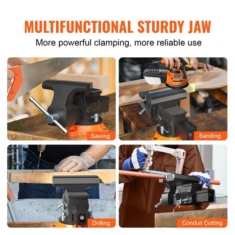 6.5 Inch Jaw Vise With 360 Degree Swivel Locking Base For Workbench in use for sawing, sanding, drilling, and conduit cutting.