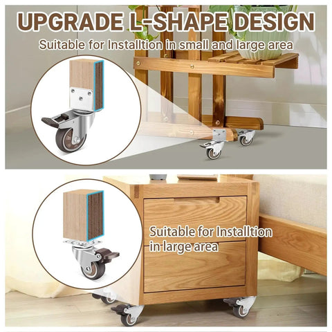 Three Inch Side Mount Casters Set Of Four L Shaped 360 Degree Swivel Quiet Heavy Duty Locking Furniture Casters Installed on Furniture