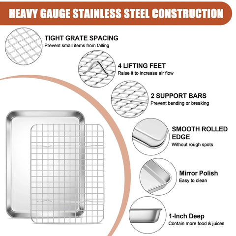 Heavy gauge stainless steel baking sheet with wire rack for toaster oven, tight grate spacing, and smooth rolled edge features.
