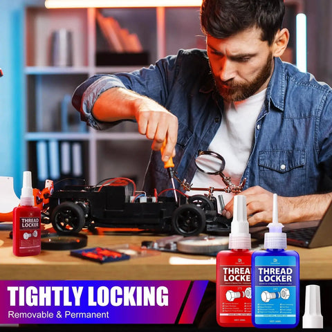 Man using Thread Lock Kit 272 And 243, 3.38 Oz 100 Ml Medium To Strong Strength Removable Threadlocker For Nuts Bolts And Fasteners on model car