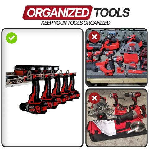 Universal M18 18V Tool Organizer Rack For Five Cordless Tools mounted on wall with drills and drivers