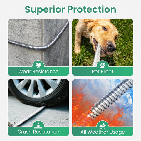 Cesun 25ft stainless steel garden hose with wear-resistance, pet-proof, crush resistance, all-weather use; brass nozzle