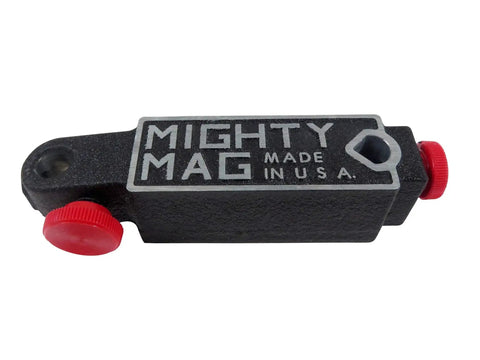 Solid 45 Pound Magnetic Base for Caliper and Indicator Accessories Made in USA with red adjustment knobs.