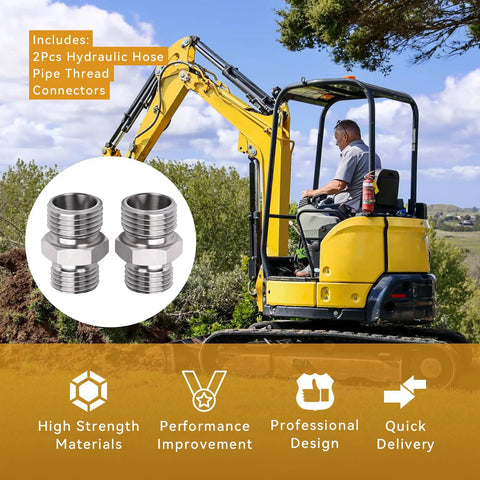 Close-up of two metal hydraulic hose thread connectors for mini excavator attachments (2 pcs)