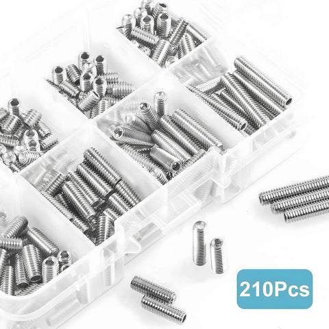 Industrial Grade M5 Hex Set Screws In 304 Stainless Steel With Internal Hex Drive Headless Cup Point 210-Piece Assortment in box