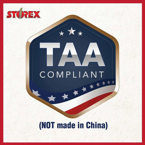 TAA Compliant Storex badge with American flag motif, not made in China, hexagonal design on a textured background.