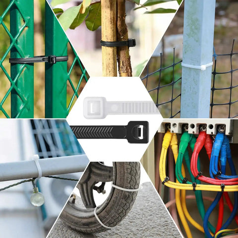 Heavy Duty 12 Inch Zip Ties With 200Lbs Tensile Strength, V Shaped Toothed Double Sided Cable Ties in use in various settings