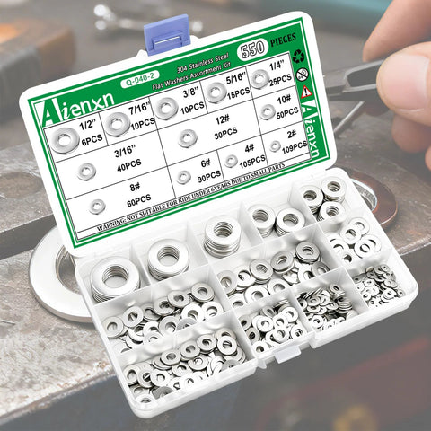 Aienxn 550-piece flat washer set in white plastic case; 304 stainless steel, SAE sizes 1/2", 7/16", 3/8", 5/16", 1/4", 3/16", 12#–2#