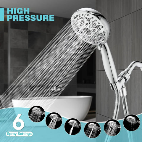 6-Setting Handheld Shower Head In Chrome With 59 Inch Hose And Adjustable Holder spraying water in bathroom