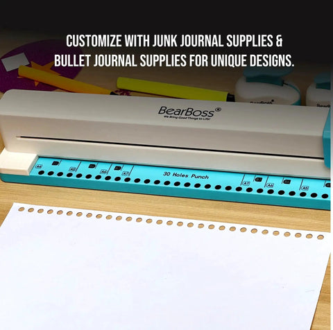 30 Hole Discbound Hole Punch For Custom Planners And Notebooks on a desk, showing adjustable puncher and durable metal build.