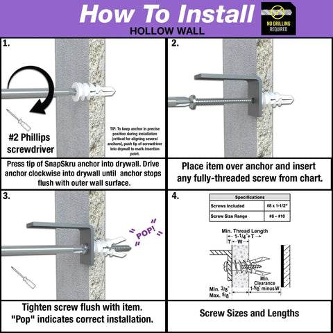 Installation guide for SnapSkru SP Self-Drilling Drywall Anchor for Hollow Walls Made in USA, illustrating screw insertion process.